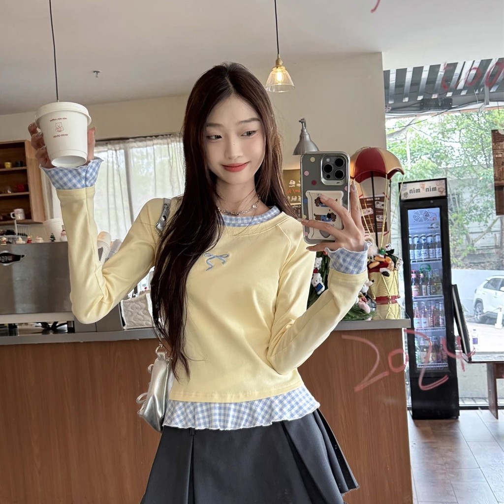 สีเหลืองปลอมสองชิ้นลายสก๊อตแขนยาวเสื้อยืดผู้หญิงสไตล์ใหม่ด้านใน จุดต่ําสุด เสื้อลูกไม้