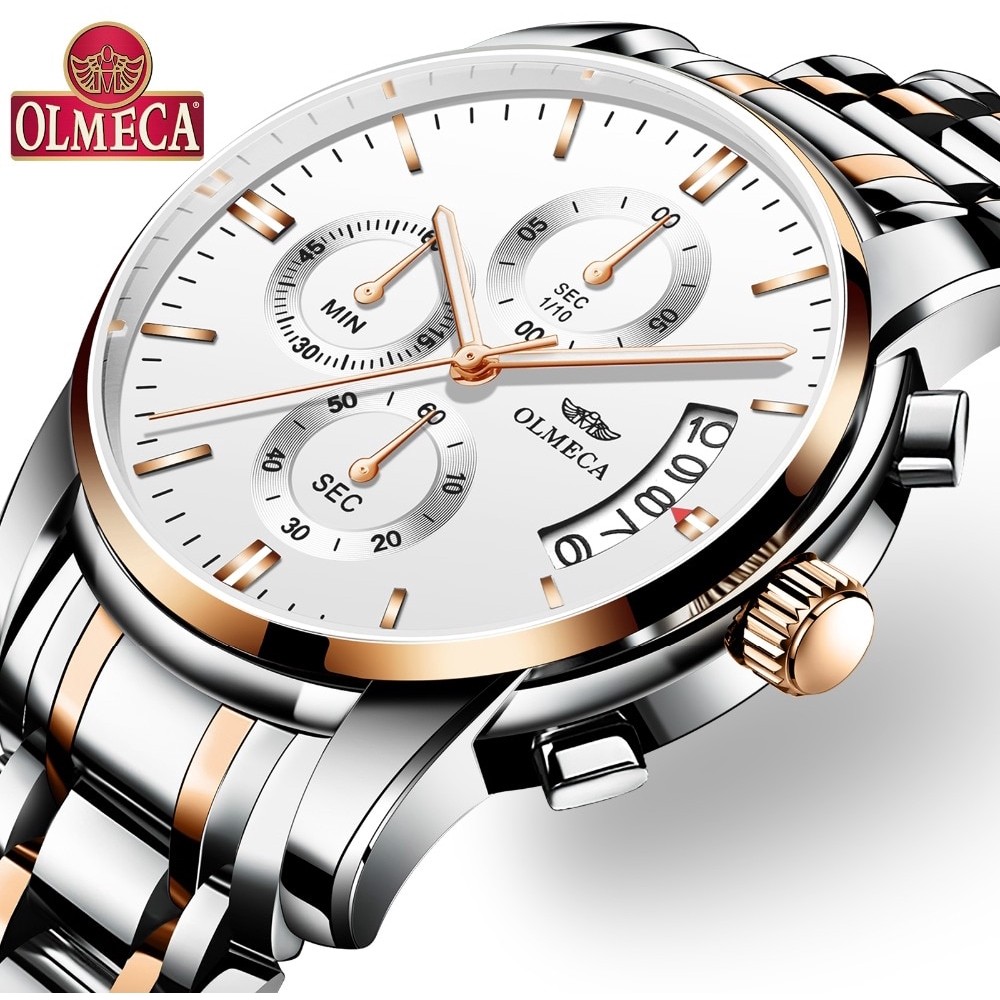 ในสต็อก OLMECA Men Business Watch นาฬิกากันน้ํา Luminous Hands Chronograph นาฬิกา สายสแตนเลส