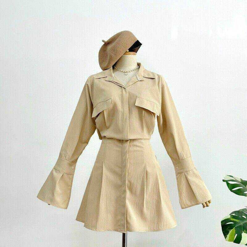 ▣ เดรสแขนยาว คอปก ผ้าครัช #Dd3