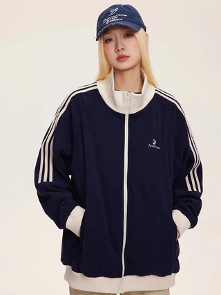 Solovely M-2XL ผู้หญิง สไตล์เกาหลี ผ้าฝ้าย เสื้อตัวบน แขนยาว เสื้อโค้ท ปักลาย ลายทาง แจ็คเก็ต ซิปเต็มตัว โอเวอร์ไซส์ เสื้อสเวตเตอร์