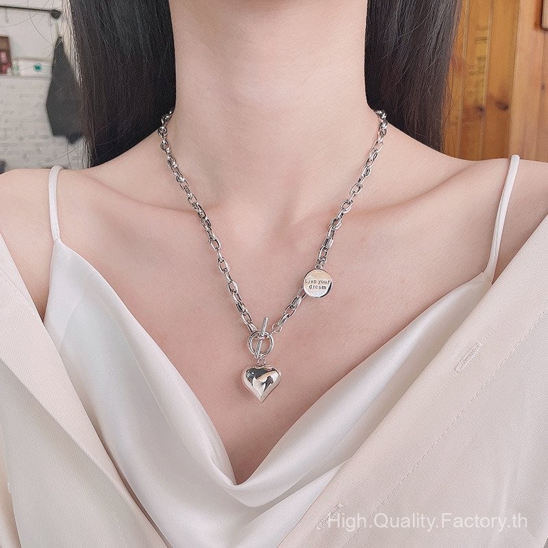 สร้อยคอเงินแท้ S925กระดุมโอสามมิติหัวใจรักใหญ่ตัวอักษรกลมแบรนด์อินเทรนด์ห่วงโซ่กระดูกไหปลาร้า3cpi