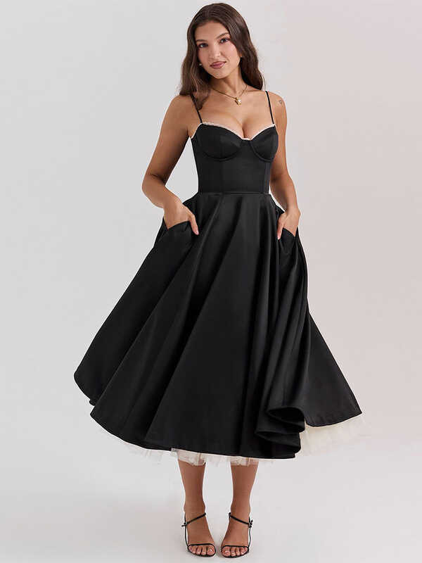 ▥ Elegant Double Layer Mesh Spliced Midi Dresses Women Fashion Square Neck Sleeveless Backless D