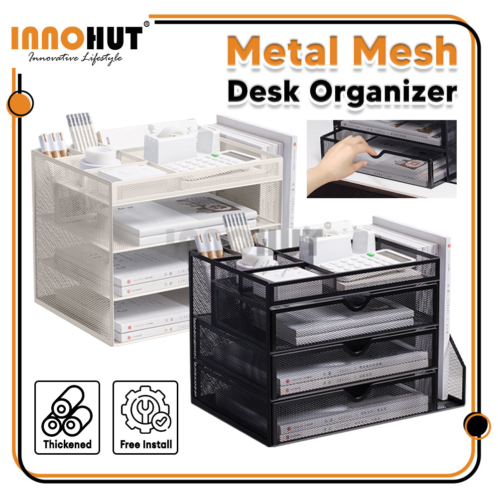 [4 ชั้น] Innohut Metal Desk Organizer Office Drawer Rack ถาดกระดาษเอกสาร Sorter กล่องเก็บเครื่องเขียน Rak Meja Besi