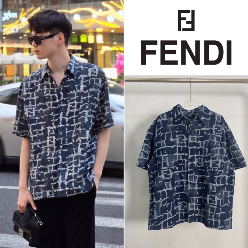 เสื้อเชิ๊ตแขนสั้น Fendi Blue FF Denim Short Shirt