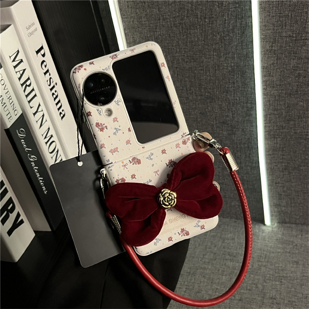 หรูหราเกาหลีกํามะหยี่โบว์เต็มหน้าจอดอกไม้สีขาวพร้อมโซ่หนังสําหรับ OPPO ค้นหา N2 Flip ค้นหา N3 Flip กันกระแทก