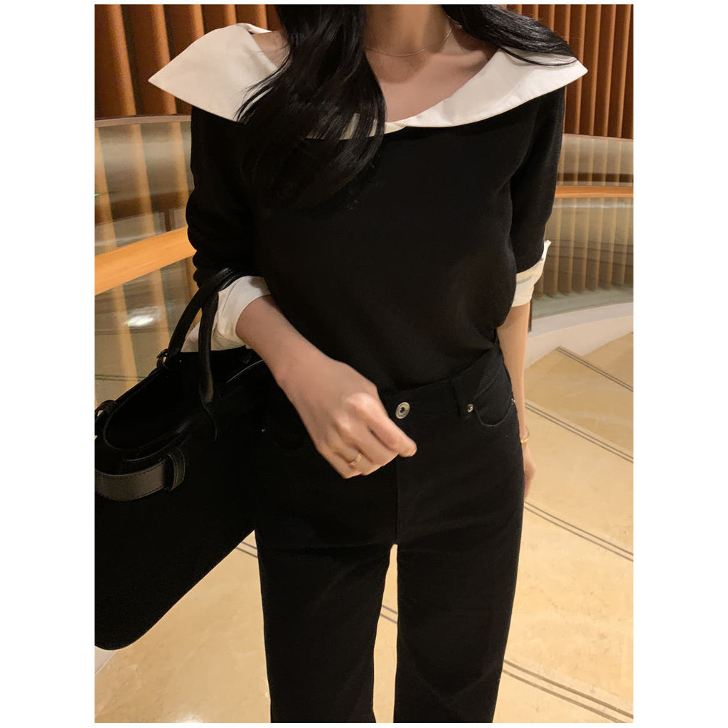 82170 Simple Contrast Color Lapel Patchwork Shirt