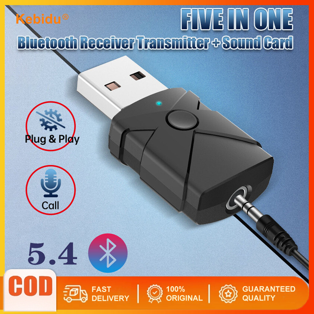 Usb Bluetooth 5.4 Receiver Transmitter 5 In 1 อะแดปเตอร์เสียงไร้สายการ์ดเสียง 3.5 มม.Aux Music สําหรับลําโพงคอมพิวเตอร์ทีวี