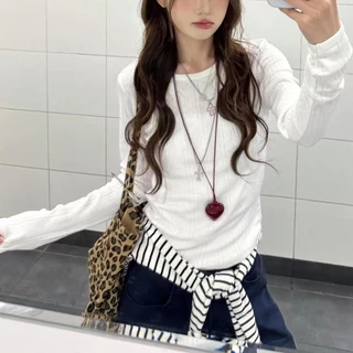 เสื้อยืดแขนยาวปักลาย Jacquard สไตล์เกาหลีของแท้ไหล่ Sli