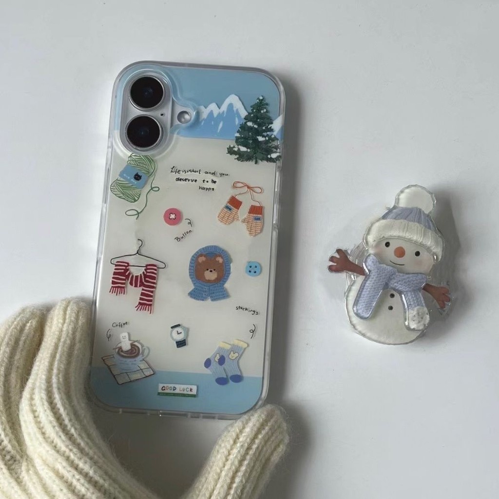 เคสโทรศัพท์ Apple 16/15/14 Snowman + ขาตั้ง iPhone 13/12 เคสกันกระแทกน่ารักเคสโทรศัพท์หญิง