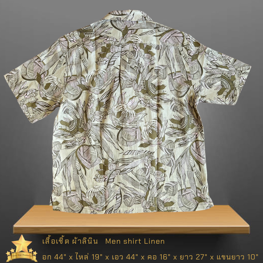 เสื้อเชิ้ตผ้าลินิน แขนสั้น พิมพ์ลาย  Men shirt 100%Linen printed -Green -จิม ทอมป์สัน -Jim Thompson