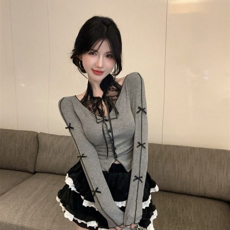 ภาษาฝรั่งเศสคําเซ็กซี่ เชือกแขวนคอ ลูกไม้เย็บโบว์แขนยาวเสื้อยืดผู้หญิง - รูปที่ 3