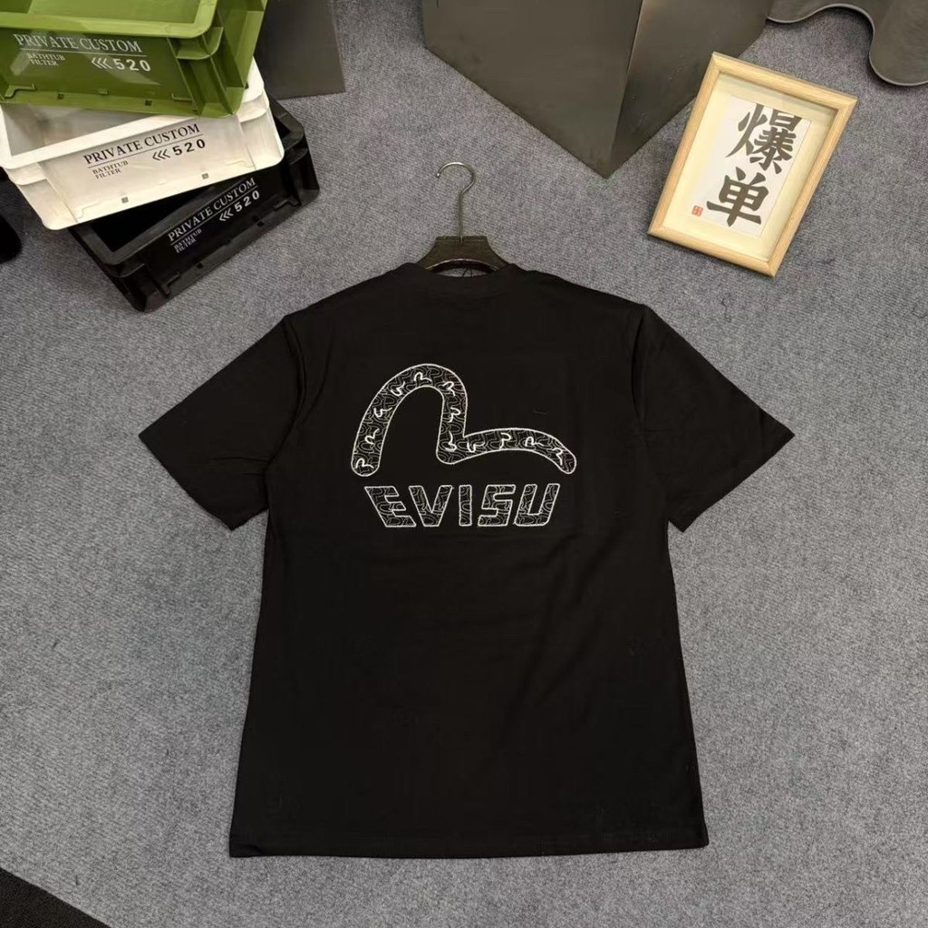 EVISU ใหม่แบรนด์อินเทรนด์ ฤดูร้อน พิมพ์ Seagull Letter รอบคอกางเกงแขนสั้น เสื้อยืดหลวม T