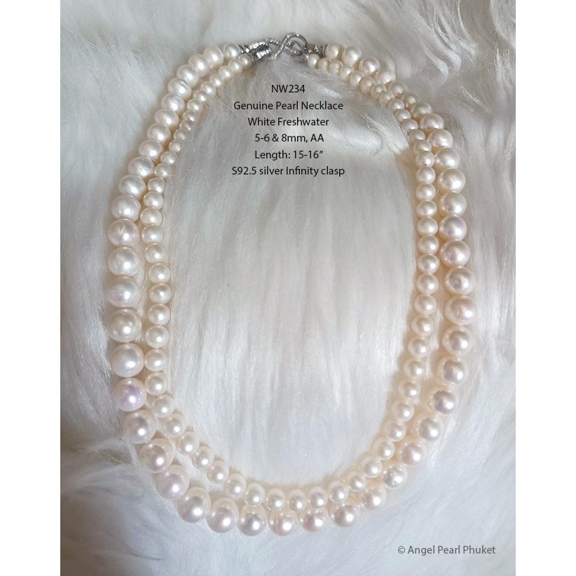 [NW234] สร้อยคอไข่มุกแท้สีขาวสองสายสุดหรู 5-6m & 8mm, AA