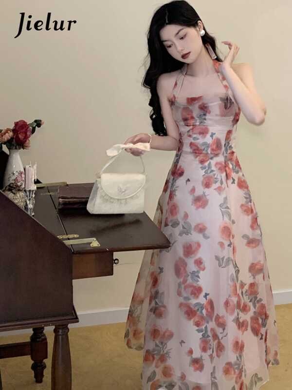 ▥ Jielur Ral Chiffon France Vintage Fairy Print Korean Style Halter Dress Women Backless Sexy El
