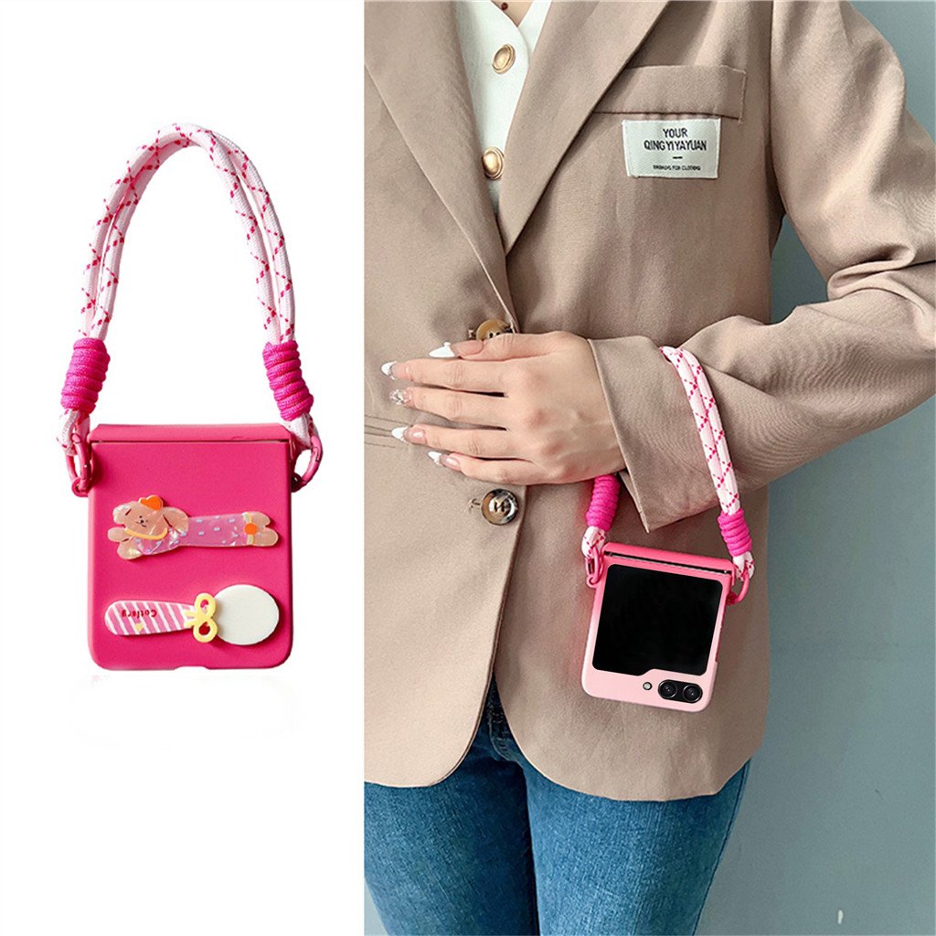 น่ารักลูกสุนัขส้อม Patch Gradient สีชมพูเคสโทรศัพท์พร้อมสายรัดแบบพกพาสําหรับ Samsung Galaxy Z Flip 5 6 Z Flip6 ZFlip 5 Zflip6 ฝาครอบ