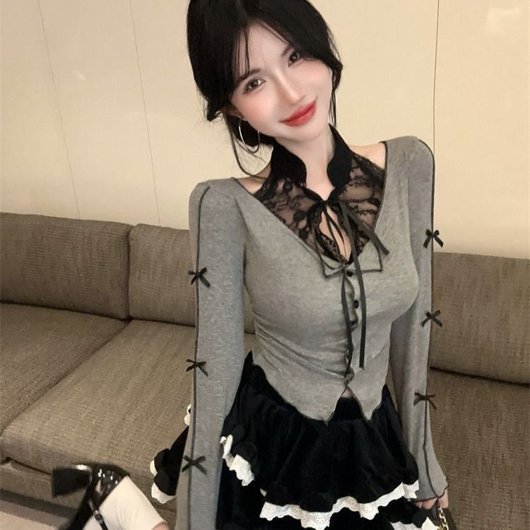 ภาษาฝรั่งเศสคําเซ็กซี่ เชือกแขวนคอ ลูกไม้เย็บโบว์แขนยาวเสื้อยืดผู้หญิง - รูปที่ 4