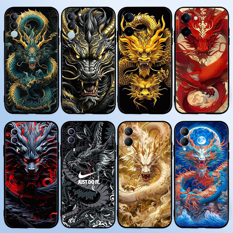 DK4 Cool มังกรจีนสําหรับ Vivo S17 V27 V29 Pro Y02T V27E TPU นุ่มสีดําป้องกันกรณี
