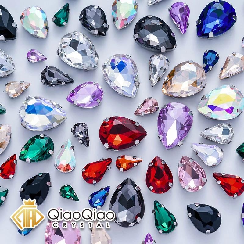 QIAO Drop Multi Mix ขนาด 50 ชิ้น Sliver Claw Rhinestones การตั้งค่ารูปร่างแก้วคริสตัลเย็บบนอัญมณีชุดแต่งงานรองเท้ากระเป๋า DIY Trim