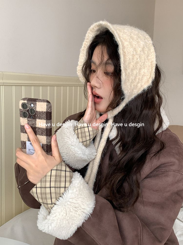 มี u desgin เกาหลี ins Influencer สไตล์เดียวกันถักป้องกันหูขนสัตว์ Earmuffs หญิงฤดูใบไม้ร่วงฤดูหนาว 2024 สไตล์ใหม่ Warm Lace-Up หูอุ่น