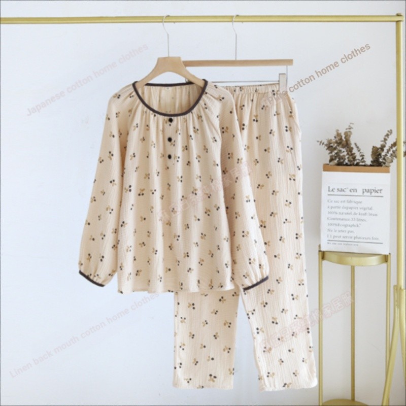 {Gauze Cotton Ladies Home Wear} 100% Cotton Seersucker Cotton Double-Layer Gauze Pullover Pyjamas S