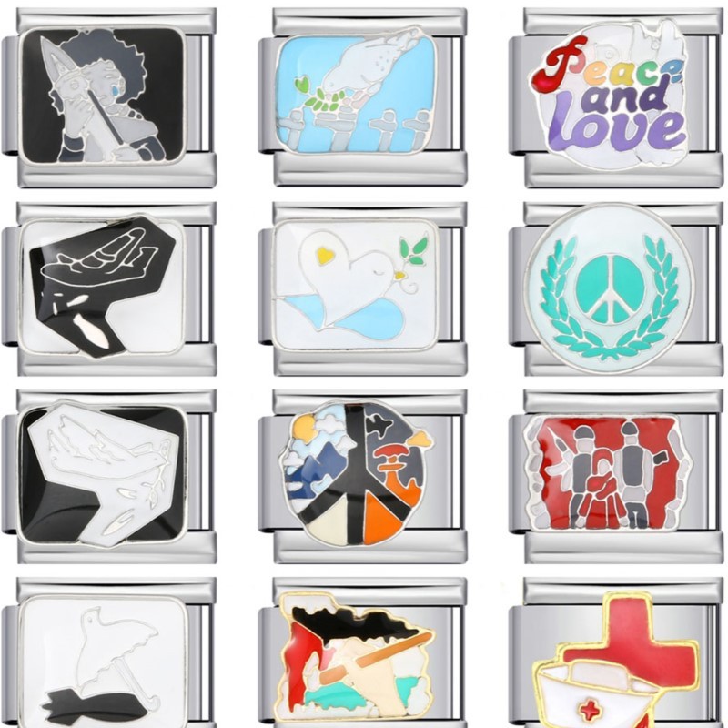 ออกแบบ Anti War Peace Dove Love Cross Italian Charm Link Fit 9 มม.สร้อยข้อมือสแตนเลส DIY ทําลูกปัดเครื่องประดับของขวัญ