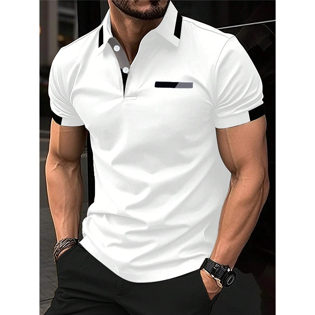 Manfinity Homme เสื้อโปโลลําลองแขนสั้นบล็อกสีฤดูร้อนผู้ชาย เหมาะสําหรับ Commuter