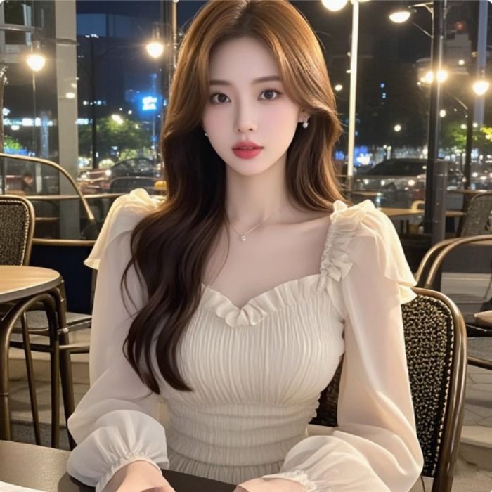 แอปริคอทสแควร์คอเร้าใจเสื้อแขนยาวผู้หญิงสไตล์ใหม่ขนาดเล็กสลิมฟิตสไตล์สั้น
