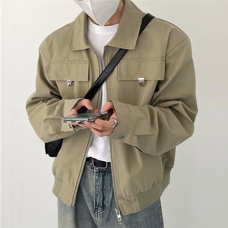 ♞เสื้อแจ็กเก็ตแขนยาว คอปก มีซิป สีพื้น สไตล์เรโทร สําหรับผู้ชาย vbc