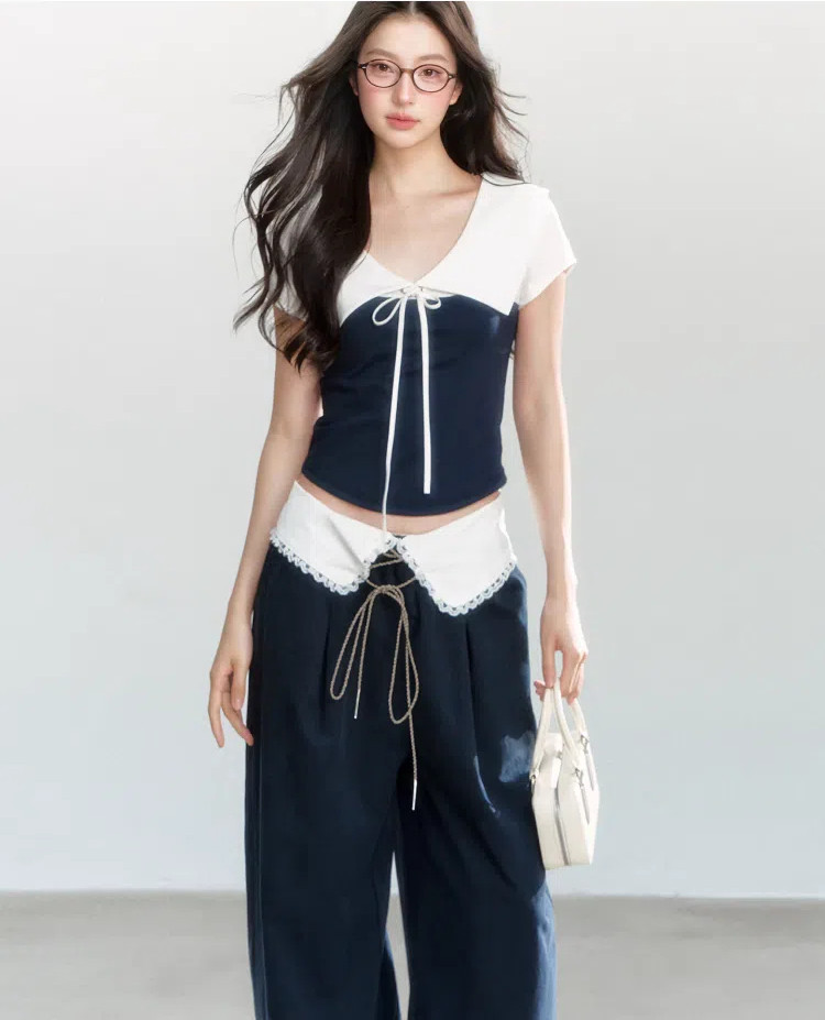 Shanmieleng ฤดูร้อนสไตล์ใหม่ หลวมสบายสำหรับทุกการแข่งขัน เสื้อยืดน้ำเงินเย็บด้านนอก