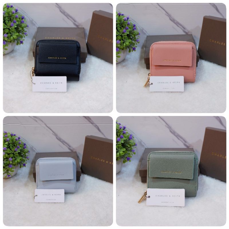 ♞,♘ส่งฟรีกระเป๋าสตางค์ ใบสั้น Charles & Keith แท้ ดำ ชมพู ฟ้า เขียว ผู้หญิง กระเป๋าเงิน SFH