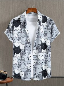 Manfinity Homme เสื้อเชิ้ตแขนสั้นผู้ชายฤดูร้อนพิมพ์ลายการ์ตูนแมว