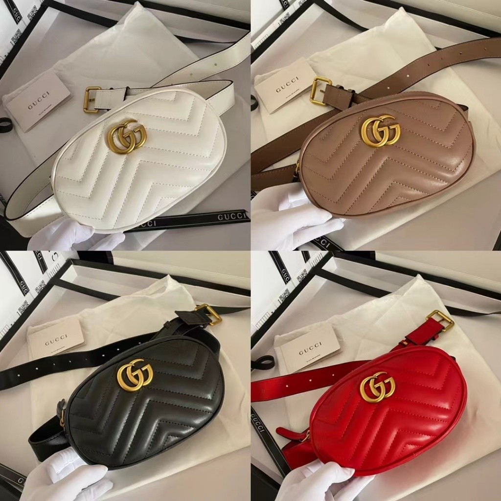 GUCCI พร้อมส่ง ของแท้ 100% กุชชี่ ใหม่ GG โลหะโลโก้กระเป๋าคาดเอวผู้หญิง/กระเป๋าคาดหน้าอก/กระเป๋าสะพ