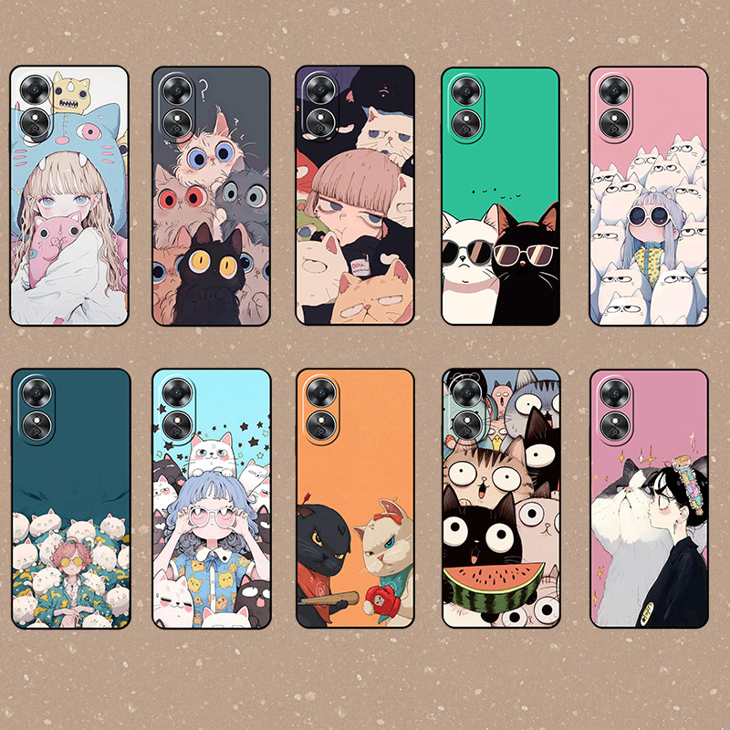 พิมพ์แฟชั่นสําหรับ OPPO A96 A98 R9 R9S Reno 8Z 8T 7 8 lite แมวสาวนุ่มสีดํา TPU เคสโทรศัพท์