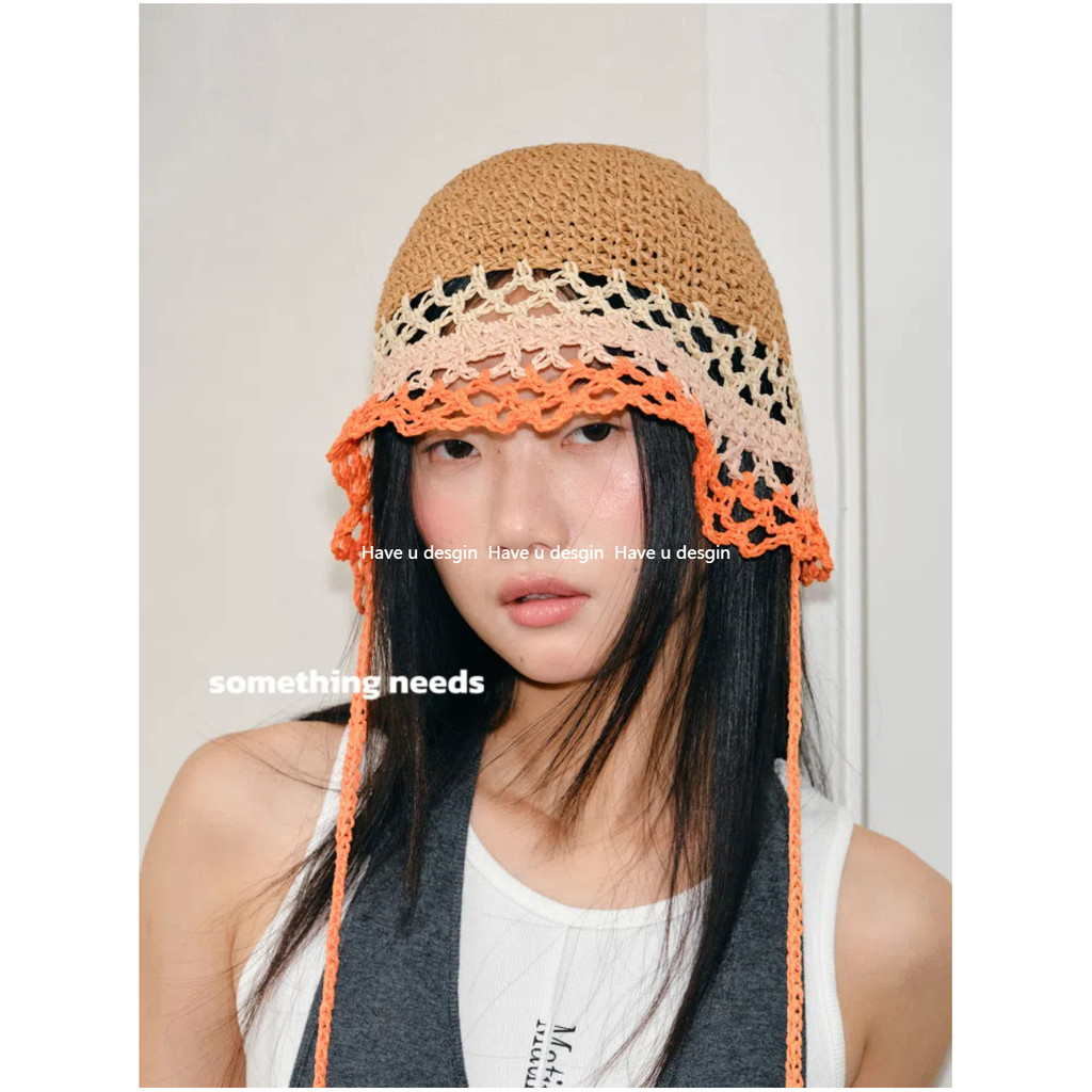 Have u desgin Seaside Vacation Hollow Hand Hook Bucket Hat Travel Lace-Up Basin Hat Female Beach Sun Hat