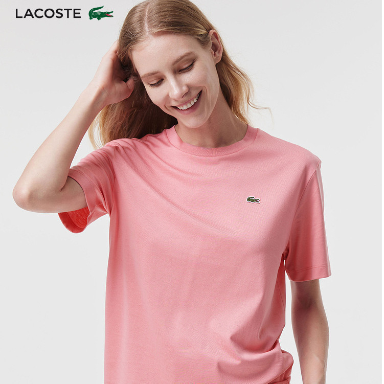 LACOSTE ลาคอสท์ ผู้หญิงแขนสั้นปักขนาดเล็กโลโก้จระเข้ผ้าฝ้ายแท้คอกลมผู้หญิงแขนสั้นทีเสื้อ