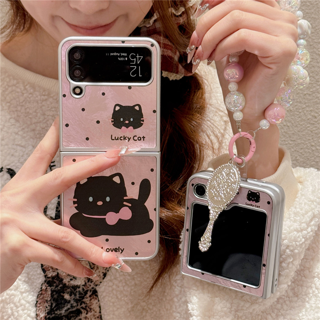 SAMSUNG น่ารักสีชมพูโบว์แมวดําโทรศัพท์กรณีเมฆมุกสร้อยข้อมือสําหรับsamsung Galaxy Z Flip 5 6 Z Flip6 ZFlip 5 Zflip6 Zflip5 Flip4 กันกระแทกปกหลัง