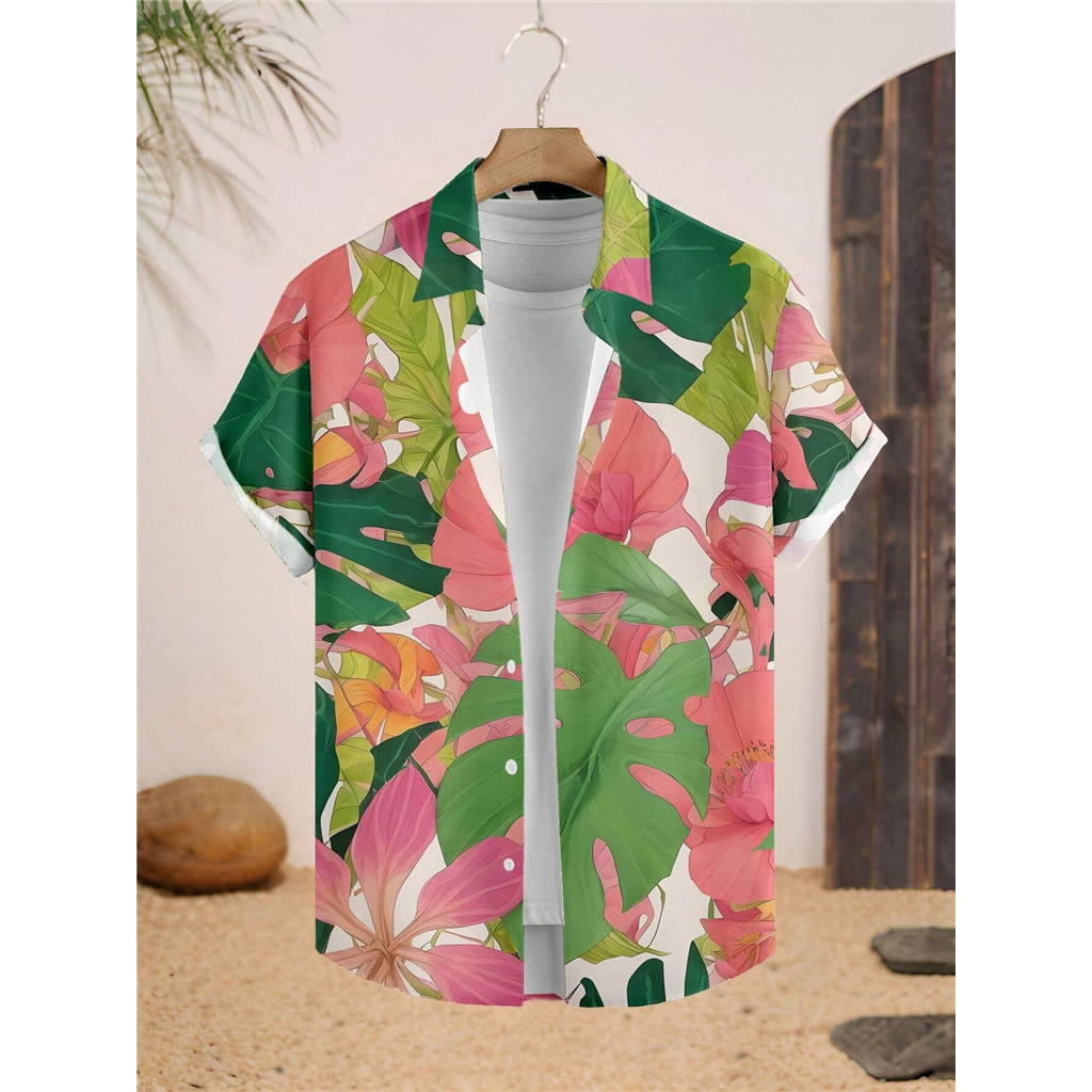 Manfinity Homme เสื้อวันหยุดลําลองแขนสั้นพิมพ์ลายเขตร้อนสําหรับผู้ชาย