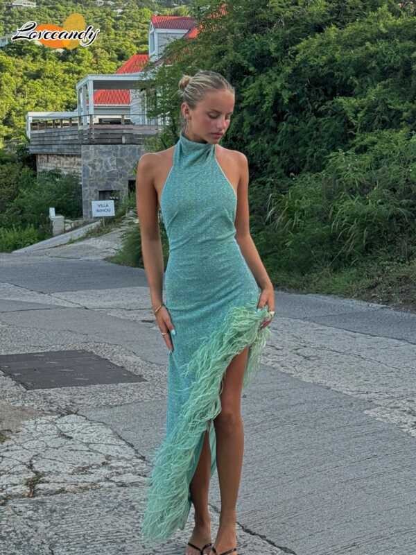 ▥ Fashion Feather Shinny Mock Turtleneck Halter Dresses Women Sexy Open Back Sleeveless Irregula