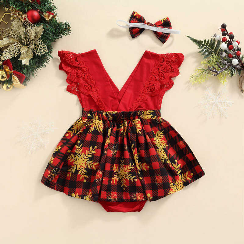 LY Boyroom 2022 New Christmas 0-18Months Baby Girl Romper, Santa House Plaid Snowflake Print Fly Sl