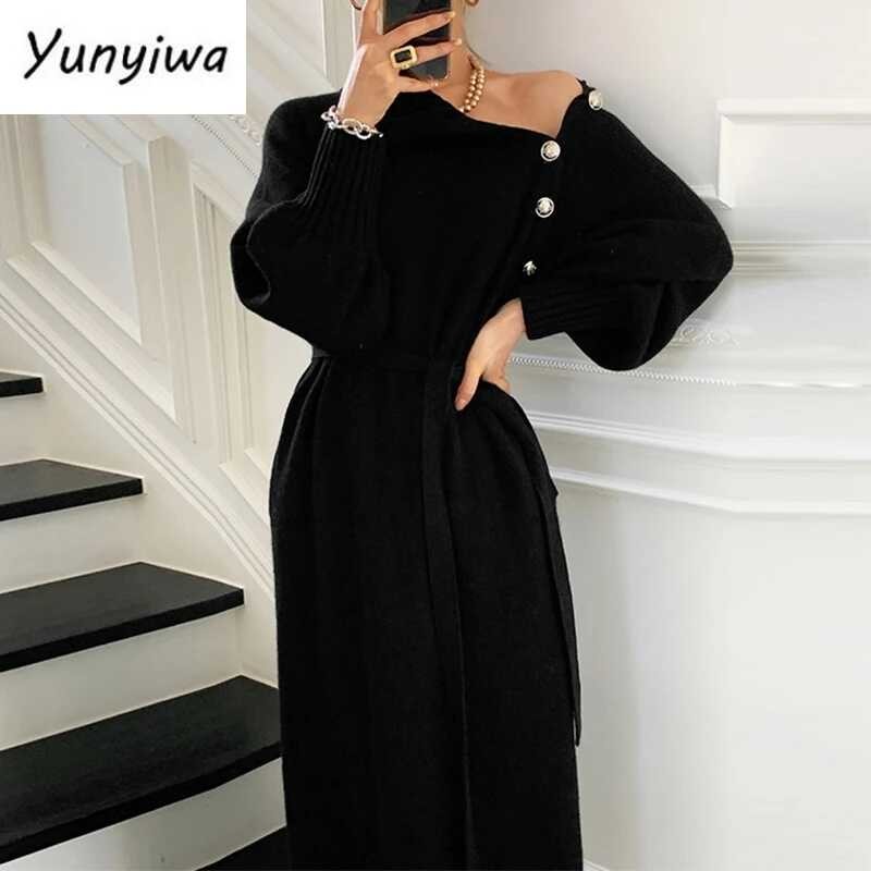 ▥ Winter Turtleneck Buttons Women Knitted Elegant Full Sleeve Lace-Up Female Thicken Long Dress