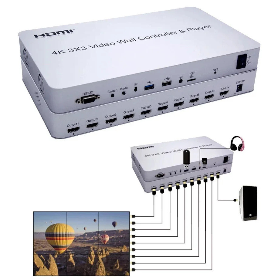 4k 3x3 Video Wall Controller USB Player Multi Screen Splicer 2x2 2x4 1x3 1x4 9 TV Wall Splicing กล่อ