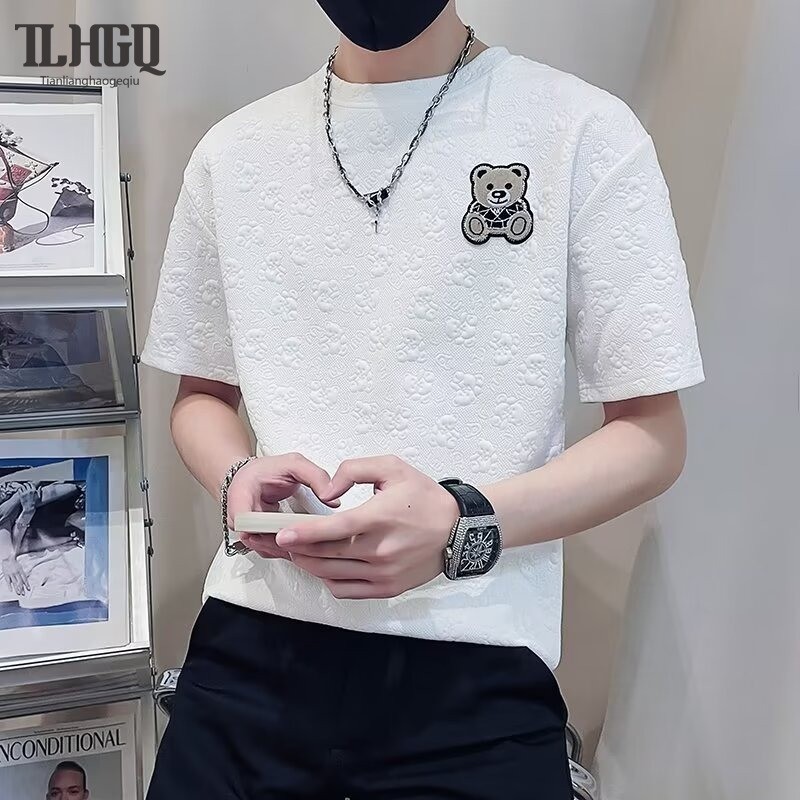 ♞,♘สไตล์ฮ่องกงใหม่ผู้ชายแขนสั้น ผ้าแจ็คการ์ด เสื้อยืดบางรอบคอหลวมสบายๆเยาวชนความนิยม vbc