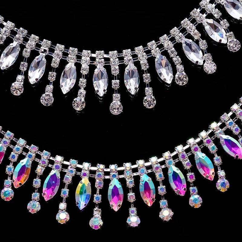 DUCRYSTAL 1Yard Horse Eyes Pendant Chain Glass Glitter Claw Crystal Chain Rhinestone Flatback Sewing-on Garment ตกแต่งโซ่