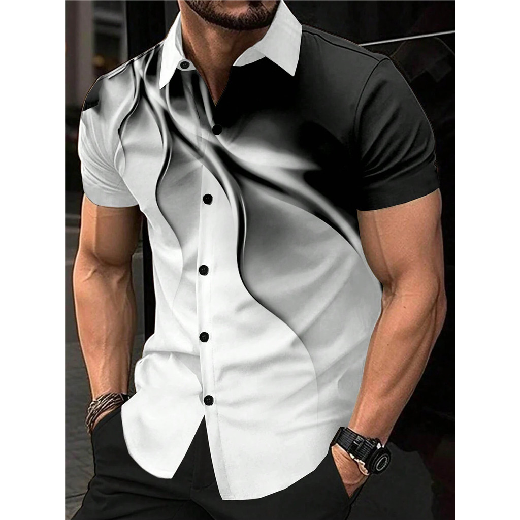 Manfinity Homme Mens Batik พิมพ์ Single-Breasted Casual เสื้อแขนสั้น