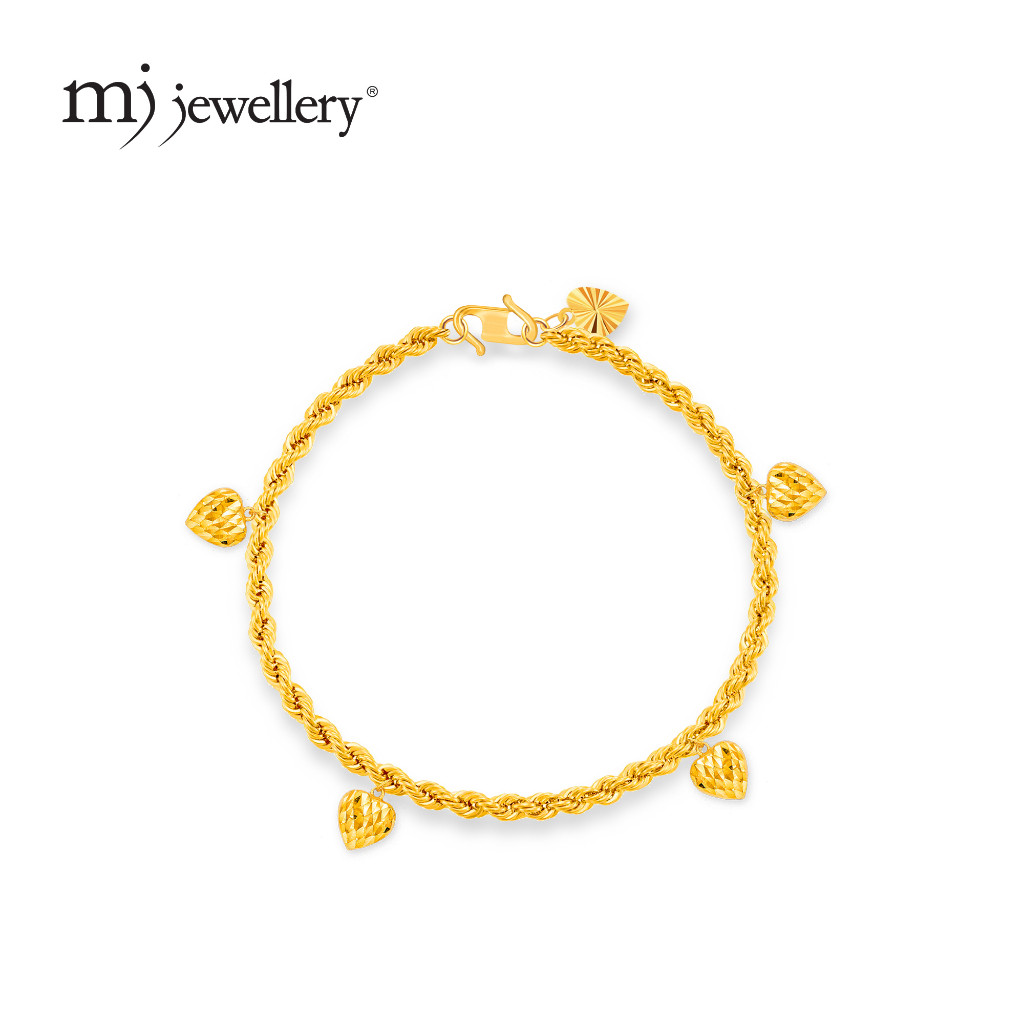 Mj Jewellery สร้อยข้อมือเชือกทอง 375/9K พร้อมความรัก 4 อัน T030S