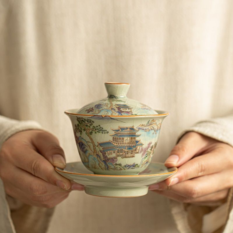 Ru Kiln Sancai Cover Bowl Mountain Teapot Cup Master Cup Master Cup เปิดชุดของขวัญชาม
