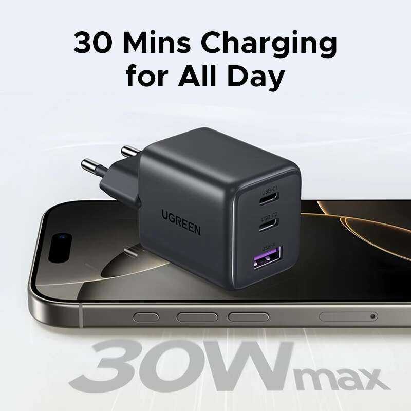 ▥ UGREEN 30W 3 พอร์ต PD 3.0 USB C สําหรับ Iphone 16 15 14 Samsung S25 Xiaomi แท็บเล็ต Ipad Air