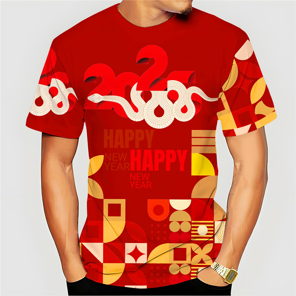 2025 เสื้อยืดปีงูสีแดงเหมาะสําหรับผู้ชายและผู้หญิงสวัสดีปีใหม่ของขวัญตรุษจีนเสื้อพิมพ์พลุปีใหม่ระบายอากาศสบายท็อปส์ซูใหม่ขายดี