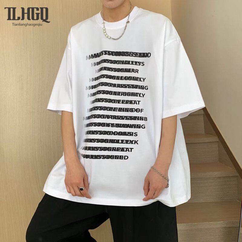 ♞,♘เสื้อยืดสำหรับผู้ชายแขนสั้นป้ายแฟชั่นอเมริกันตัวอักษรพิมพ์รอบคอแขนครึ่ง vbc