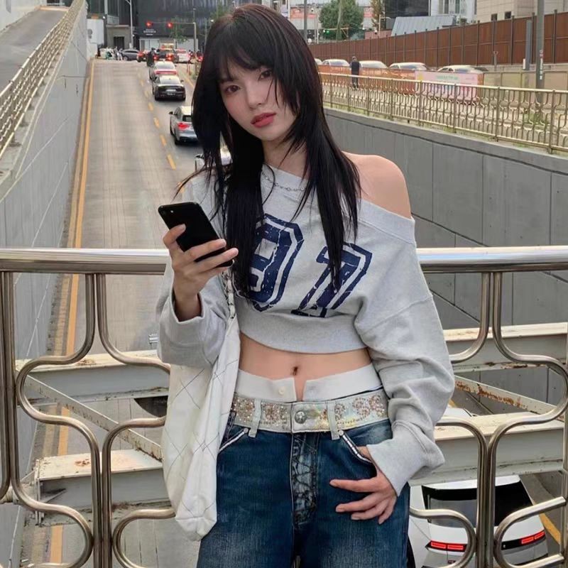 ไหล่เอียงฤดูใบไม้ร่วงพิมพ์ดิจิตอลด้านบนหลวมแขนยาวเสื้อกันหนาวเสื้อแจ็คเก็ตสั้น